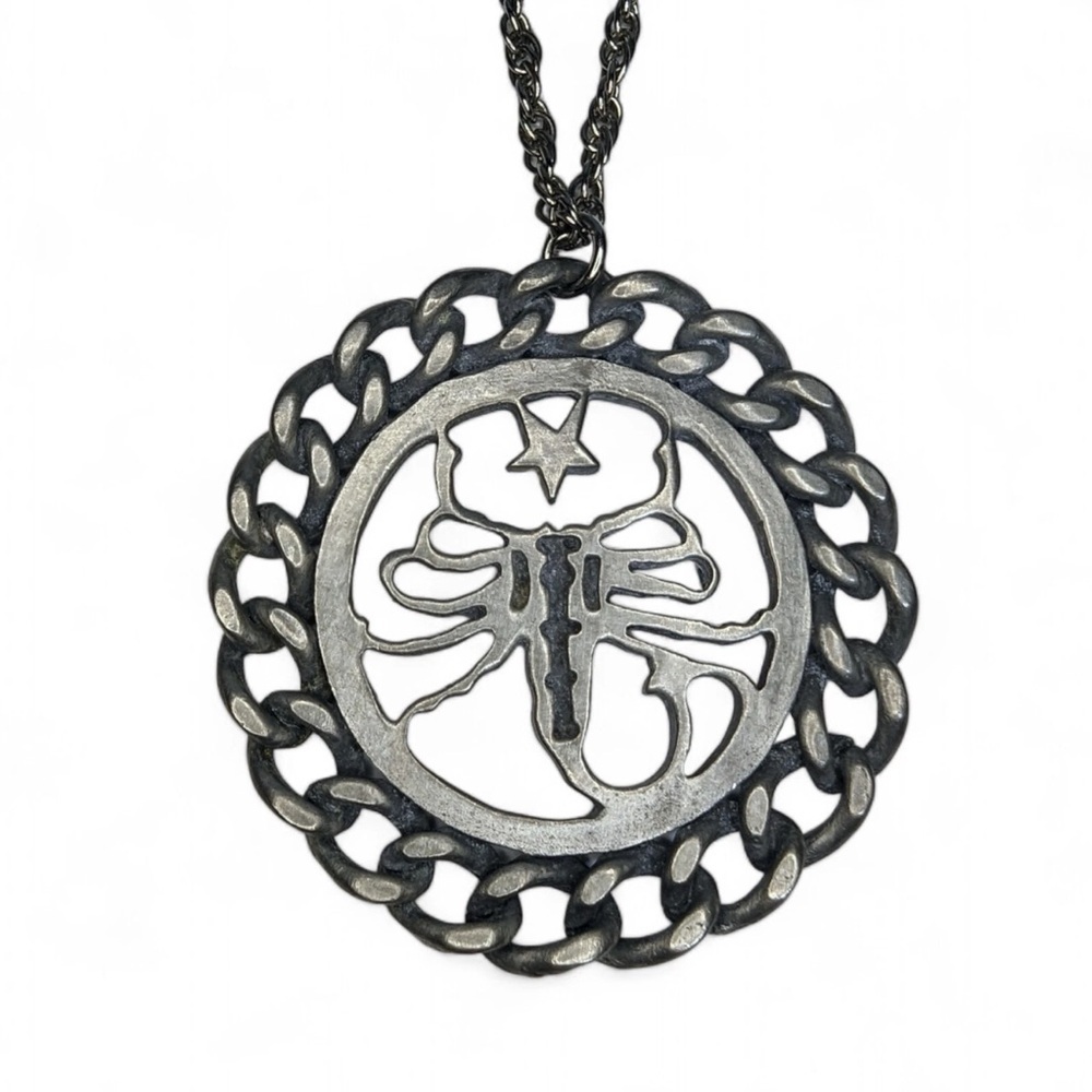 Vintage 1970s Scorpio Zodiac Necklace Pewter Pendant Scorpion Star Cuban Link